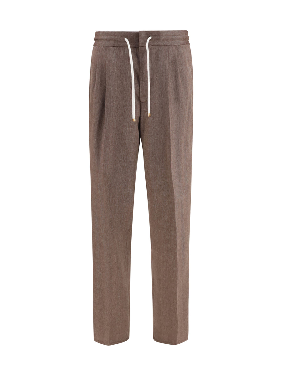 Herringbone Linen And Wool Pants Nocciola Linen; Merino Ovis Aries