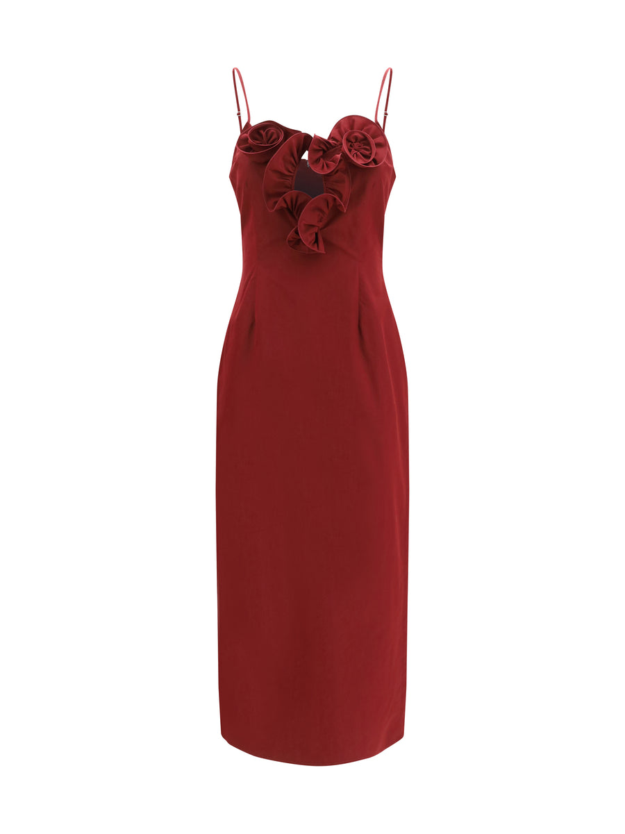 Flower Detail Midi Dress Bordeaux Cotton; Silk Swimwear