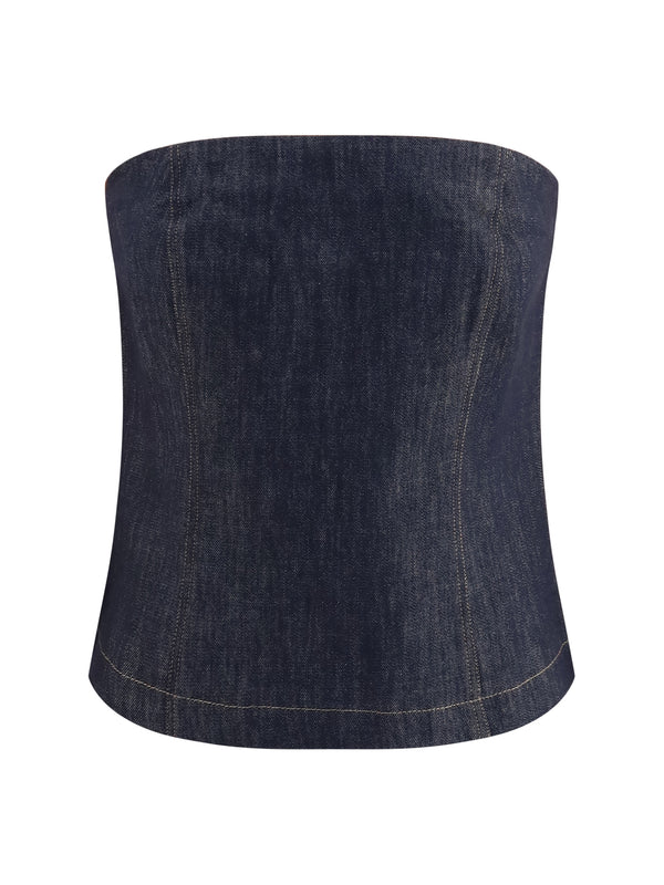 Denim Effect Twill Bandeau Top Blu Cotton