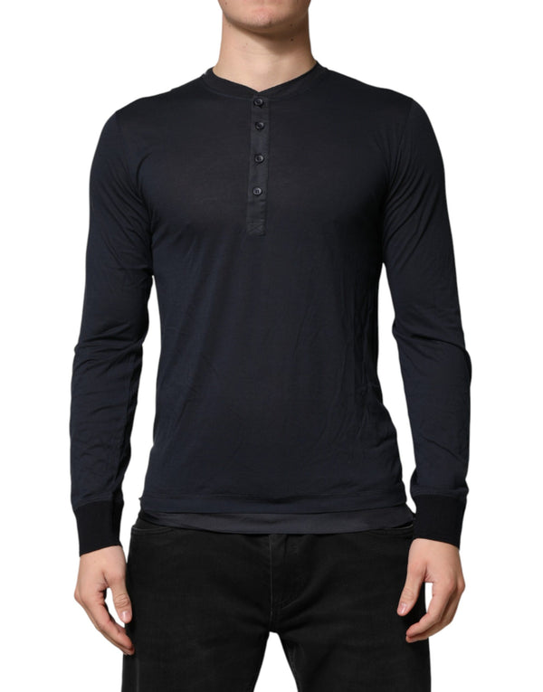 Dark Blue Cotton Henley Long Sleeves T-Shirt Co+se