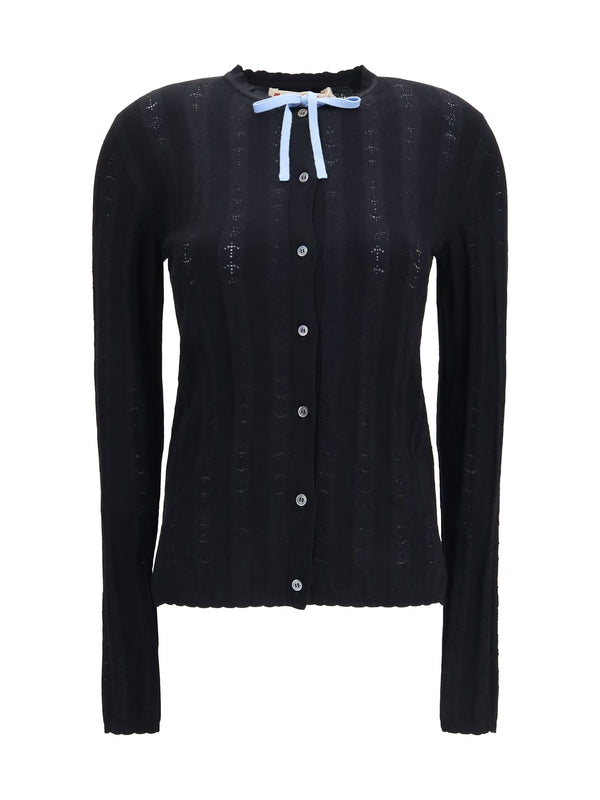 Wool And Silk Cardigan With Bow Black Merino Ovis Aries
