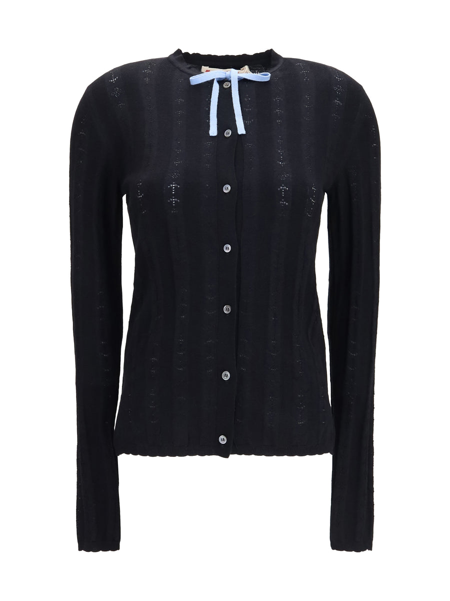 Wool And Silk Cardigan With Bow Black Merino Ovis Aries