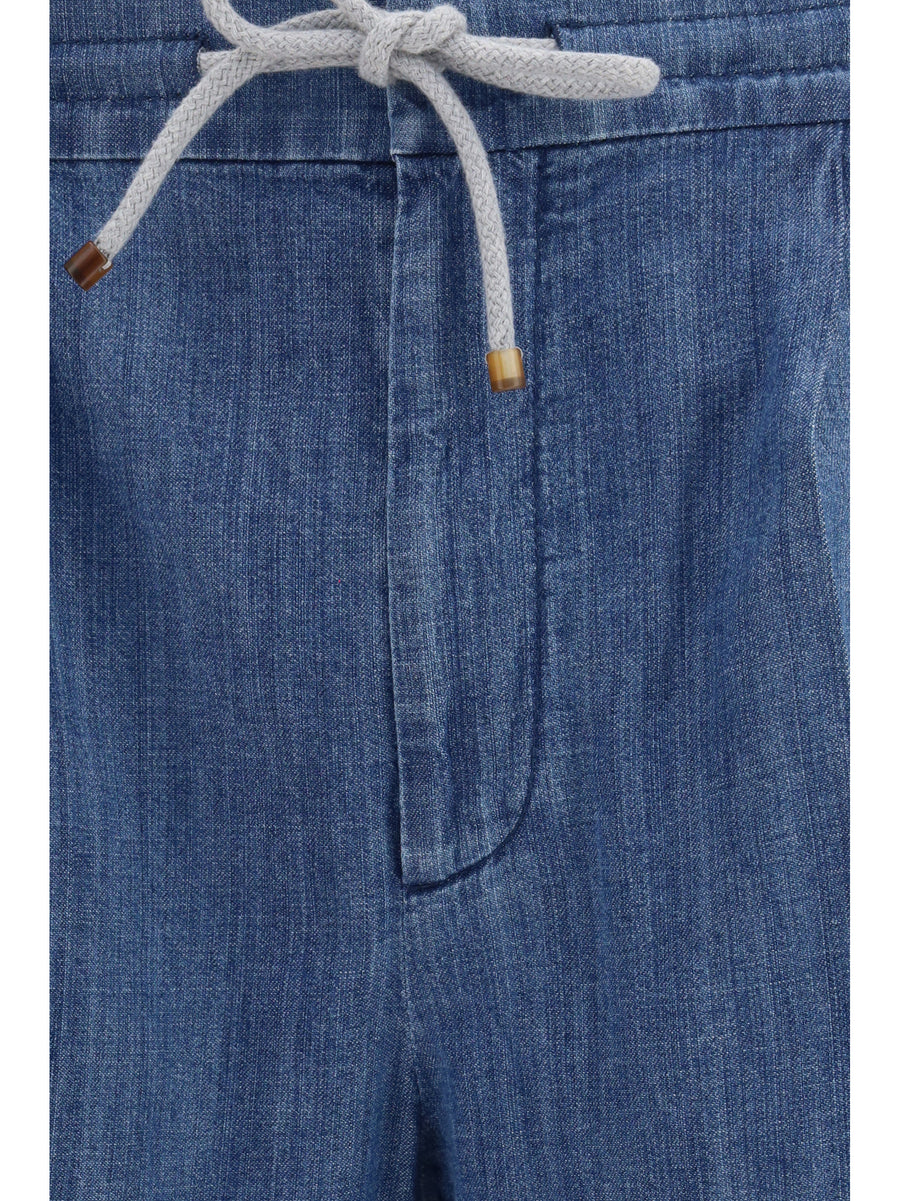 Pants Lightweight Denim With Drawstring And Double Pleats Medium Cotton Trousers
