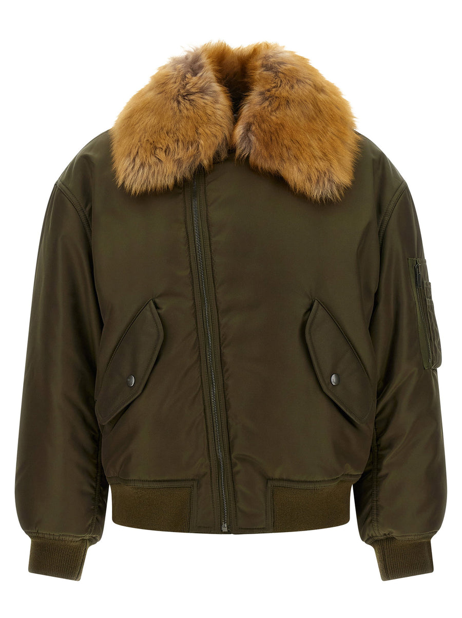 Saint Laurent Removable Shearling Collar Bomber Jacket — Olive