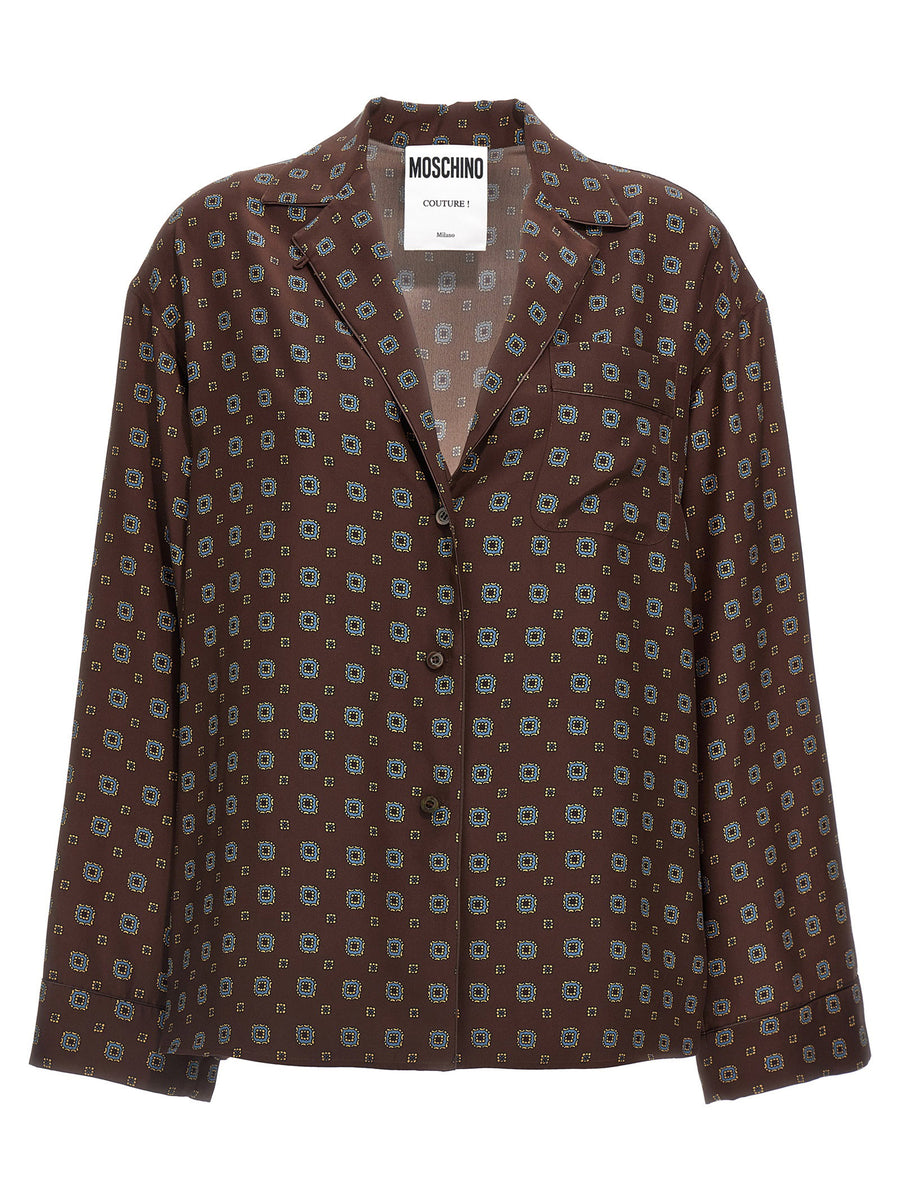 Moschino Geometric Silk Print Shirt — Brown