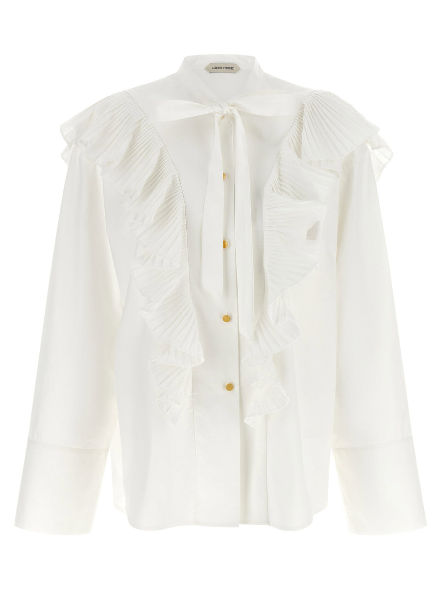 Alberta Ferretti Pleated Ruffle Blouse — White