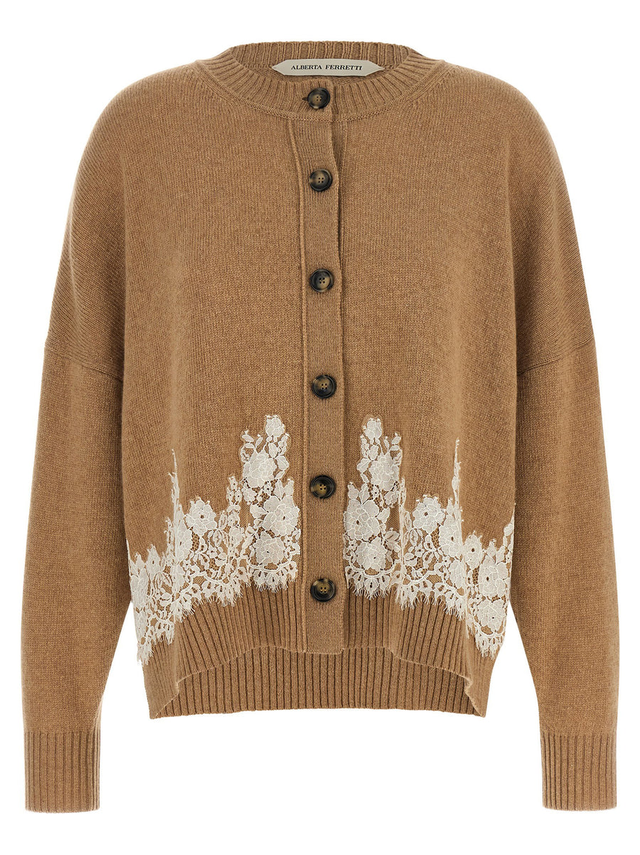 Alberta Ferretti Lace-Insert Cashmere Blend Cardigan — Camel