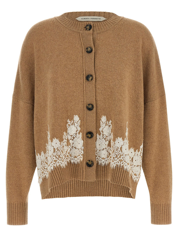 Alberta Ferretti Lace-Insert Cashmere Blend Cardigan — Camel