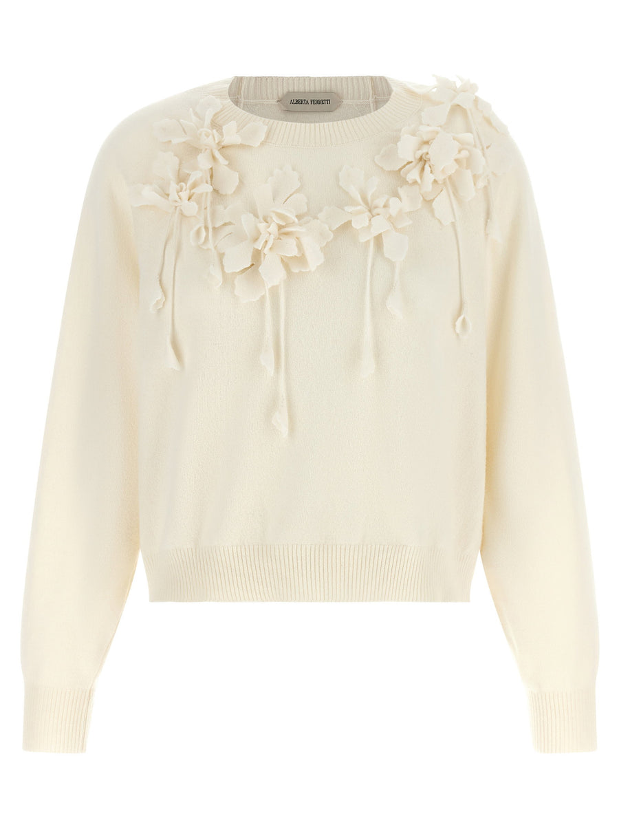 Alberta Ferretti 3D Floral-Embroidered Sweater — Cream