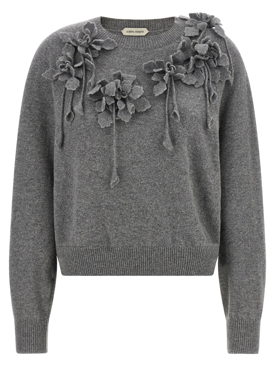 Alberta Ferretti 3D Embroidered Floral Sweater — Gray