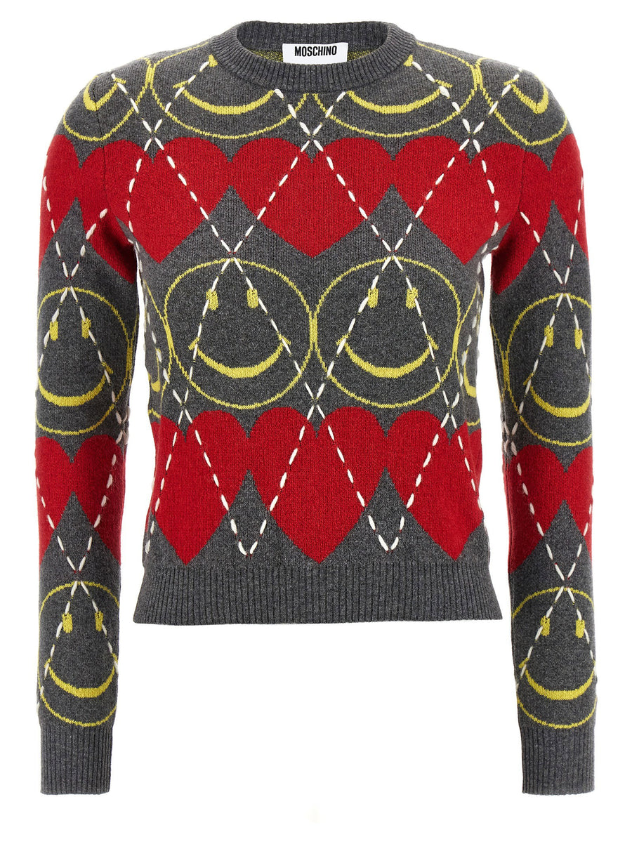 Moschino Smiley Intarsia Sweater — Charcoal
