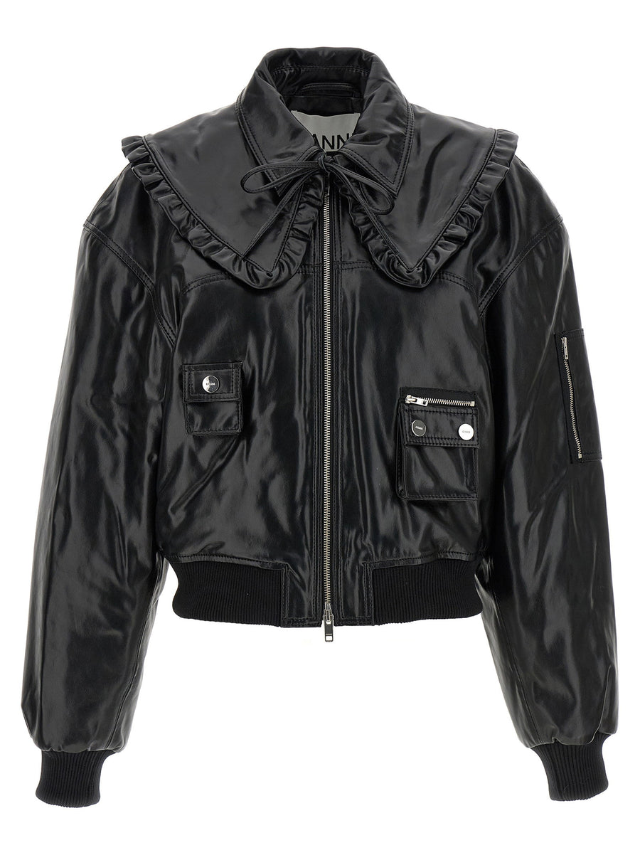 Ganni Leather-Effect Bomber Jacket — black