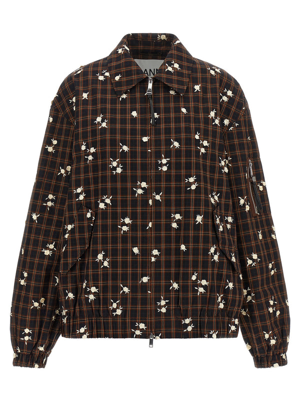 Ganni Check Flower Embroidered Jacket — Brown