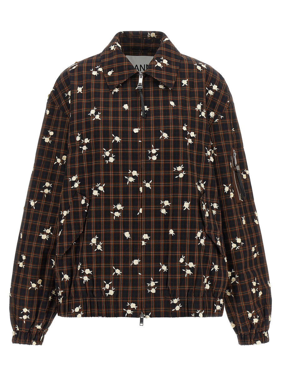 Ganni Check Flower Embroidered Jacket — Brown