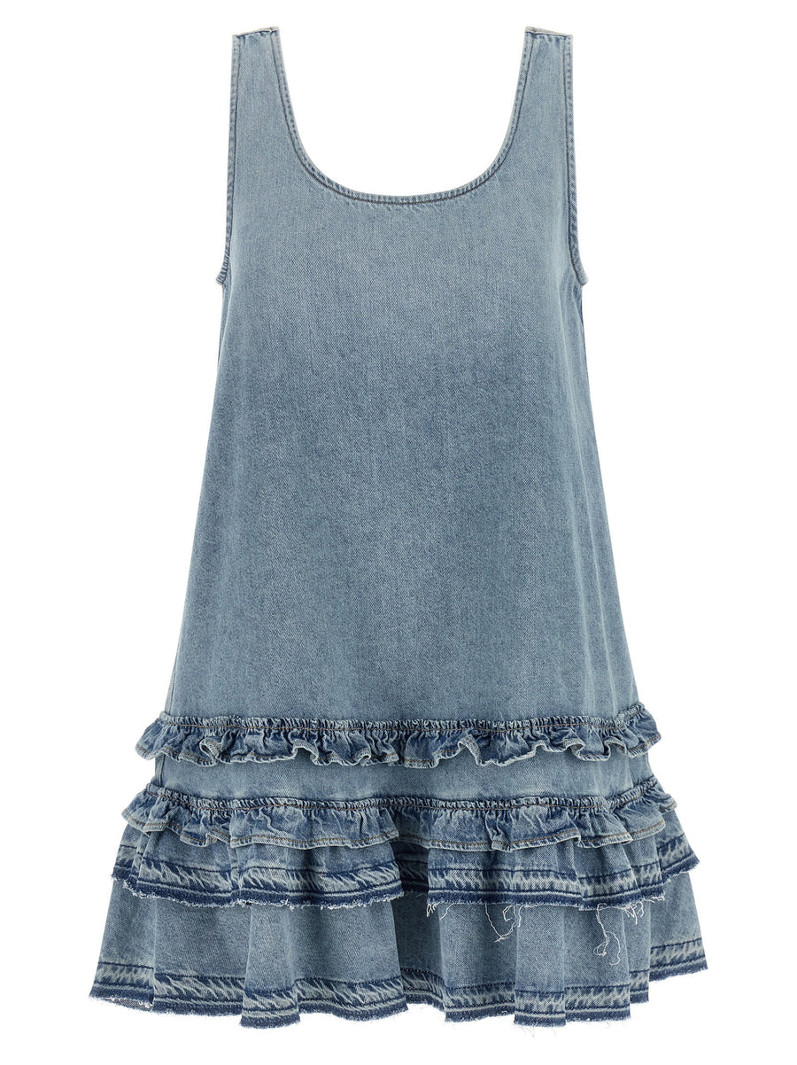 Ganni Organic Cotton Denim with Ruffled Hem Dress — blue