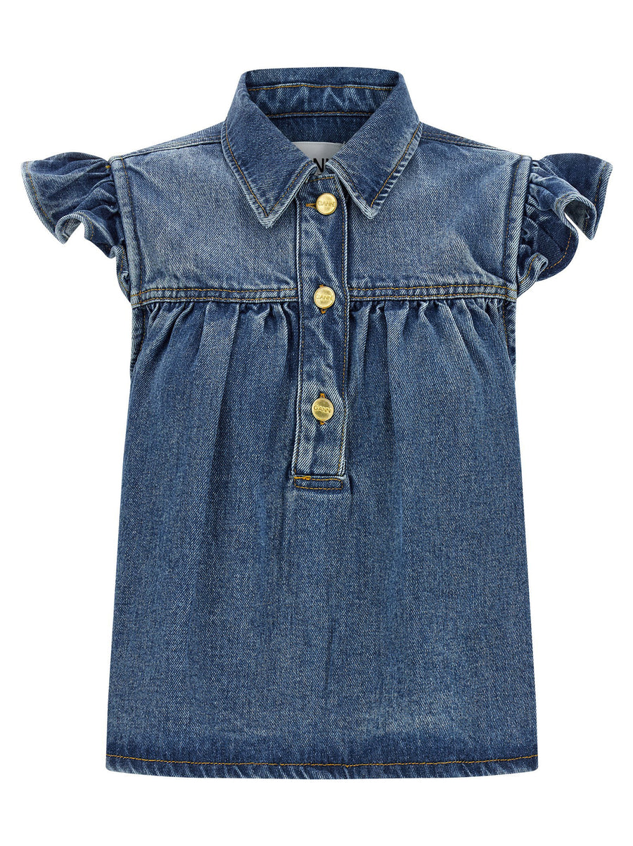 Ganni Denim Ruffle Blouse — Blue