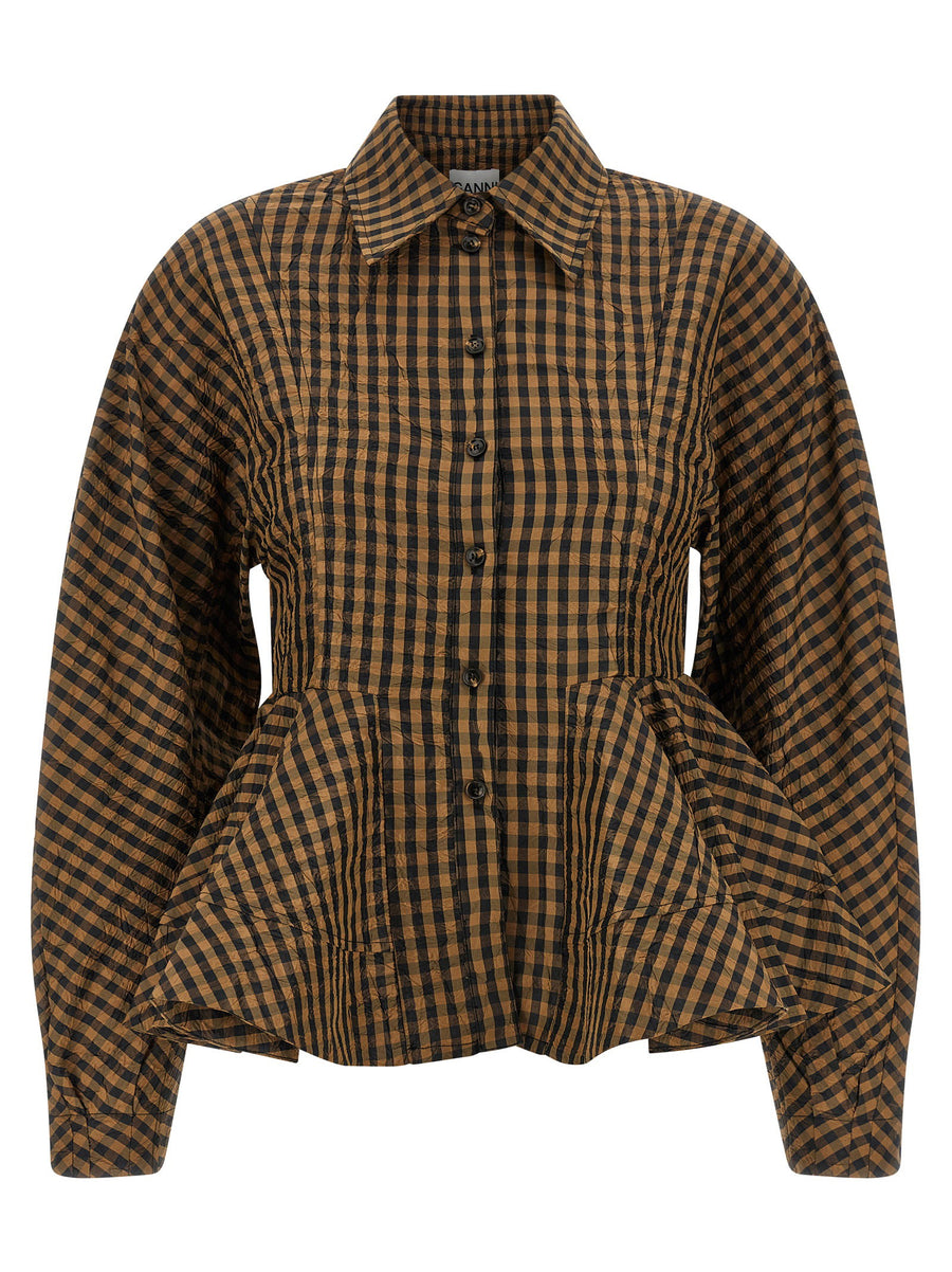 Ganni Crinkled Check Taffeta Blouse — Camel