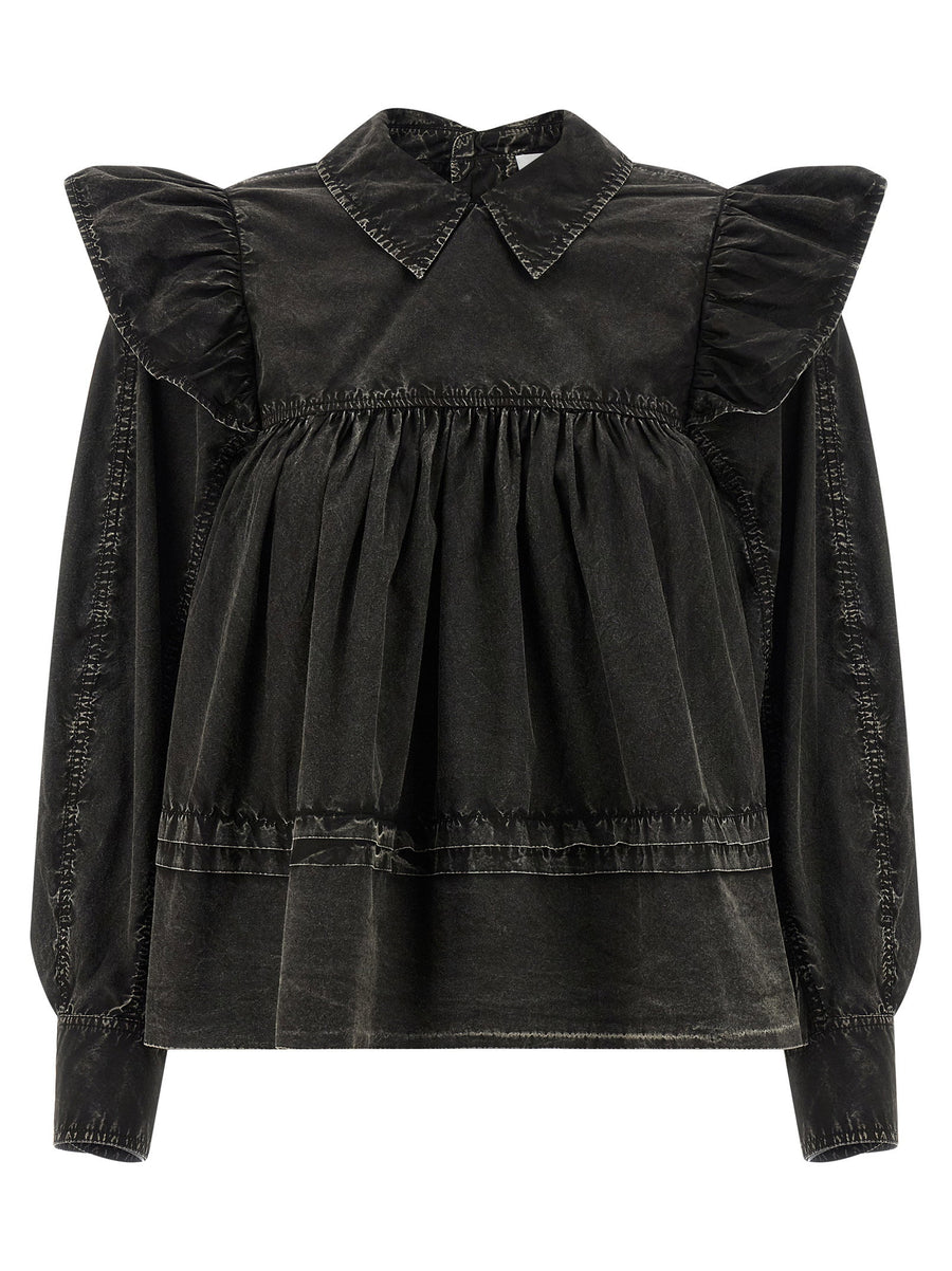 Ganni Ruffled Organic Cotton Blouse — Black