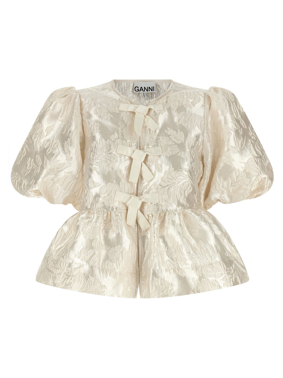Ganni Satin Jacquard Peplum Blouse — Cream