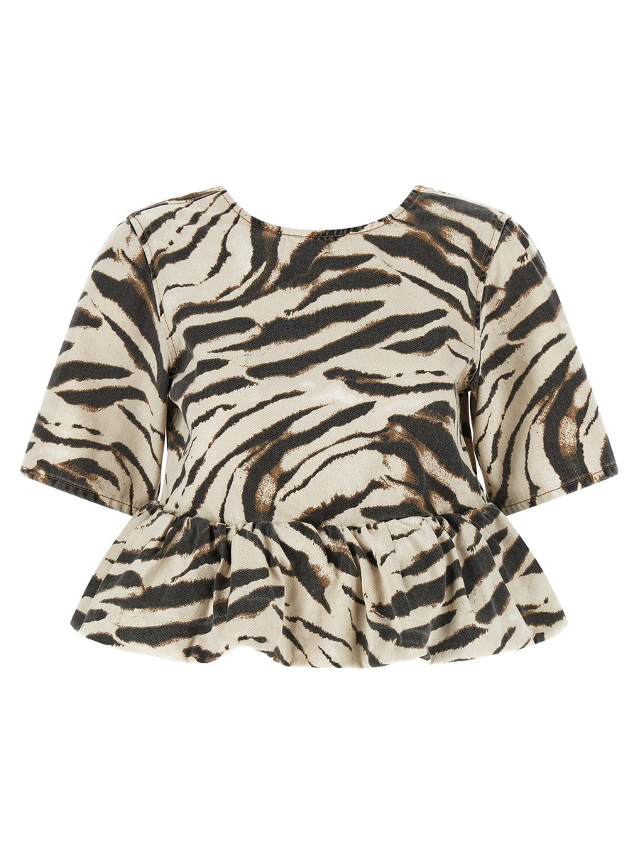 Ganni Zebra-Print Denim Blouse — Cream
