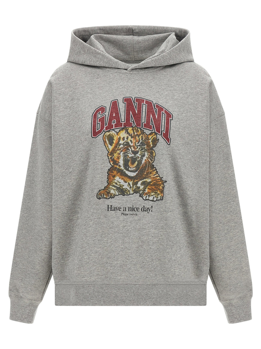 Ganni Tiger-Graphic Cotton Hoodie — Grey