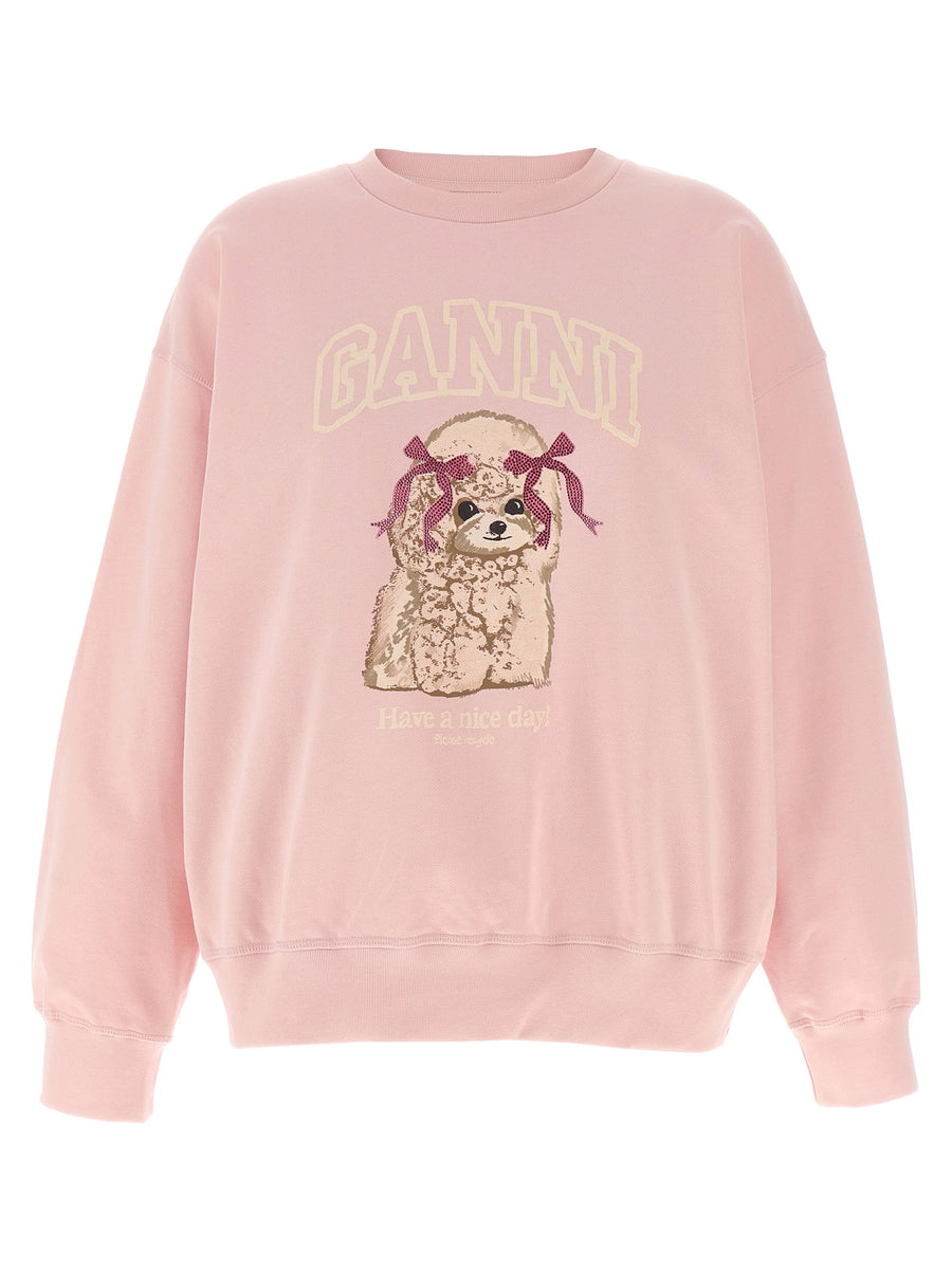 Ganni Front-Print Organic Cotton Sweatshirt — Pink