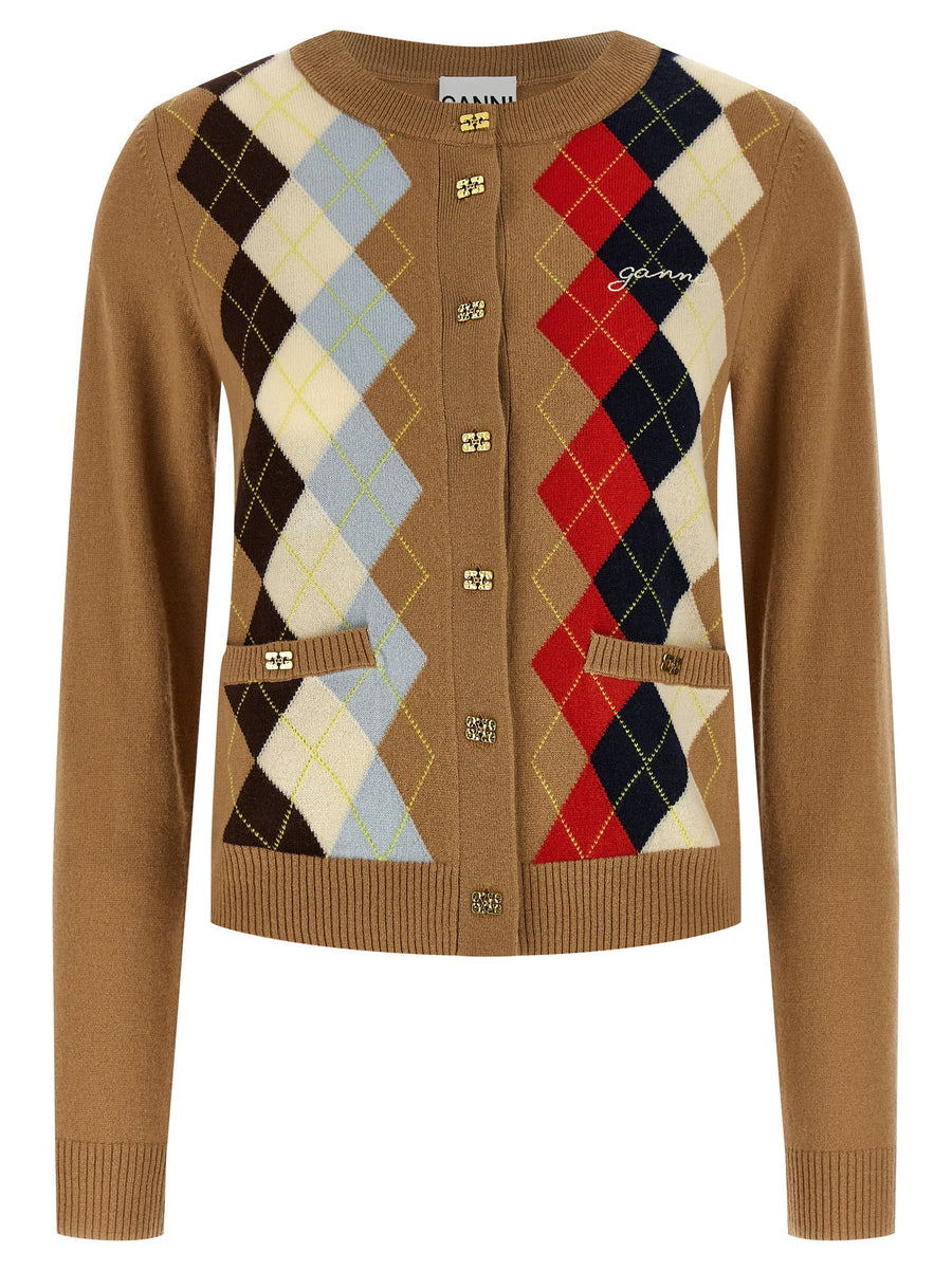 Ganni Argyle-Patterned Cashmere Blend Cardigan — Camel