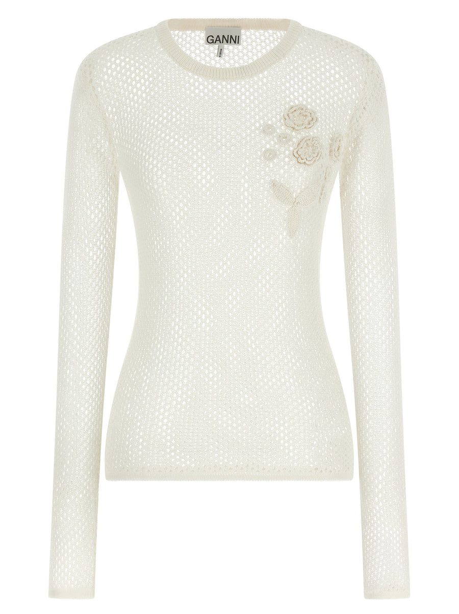 Ganni Pointelle Cotton with Floral Appliqué Sweater — Cream