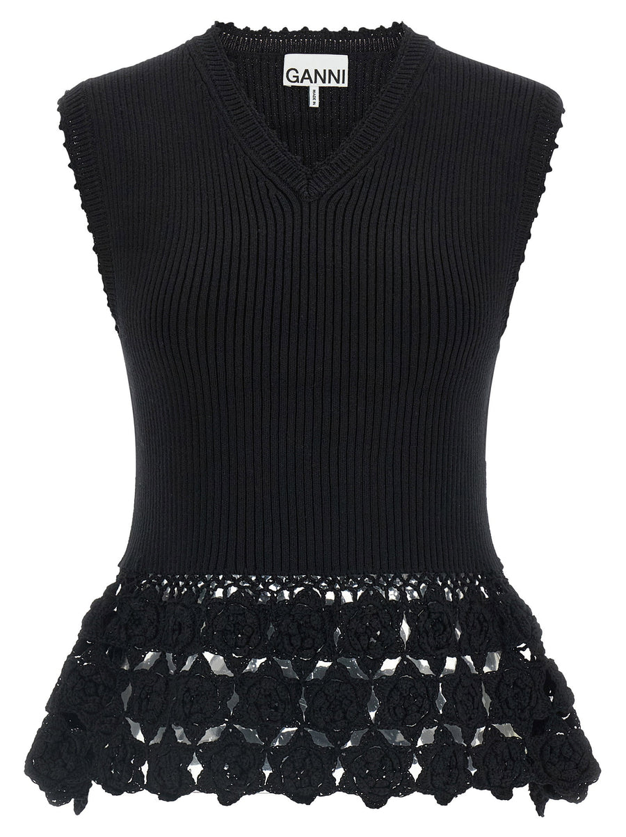 Ganni Ribbed Organic Cotton with Crochet Hem Vest — Black