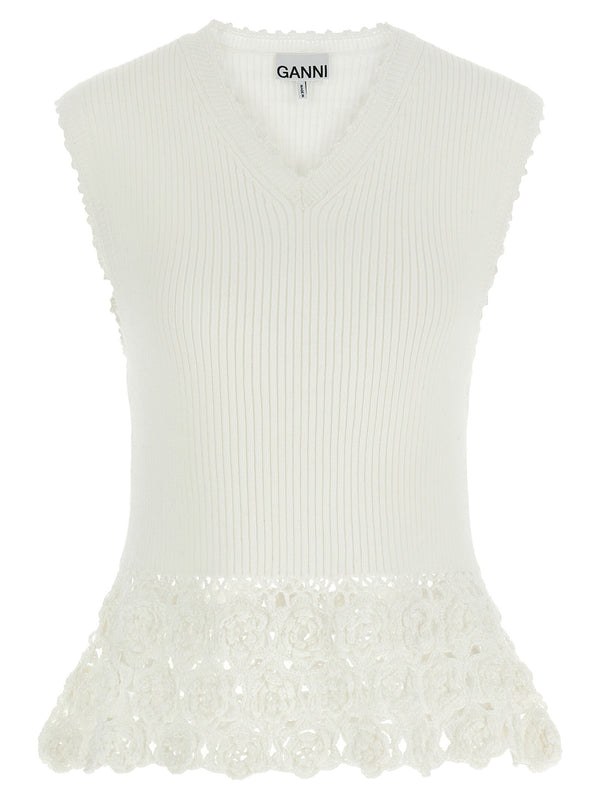 Ganni Ribbed Crochet Cotton Vest — White
