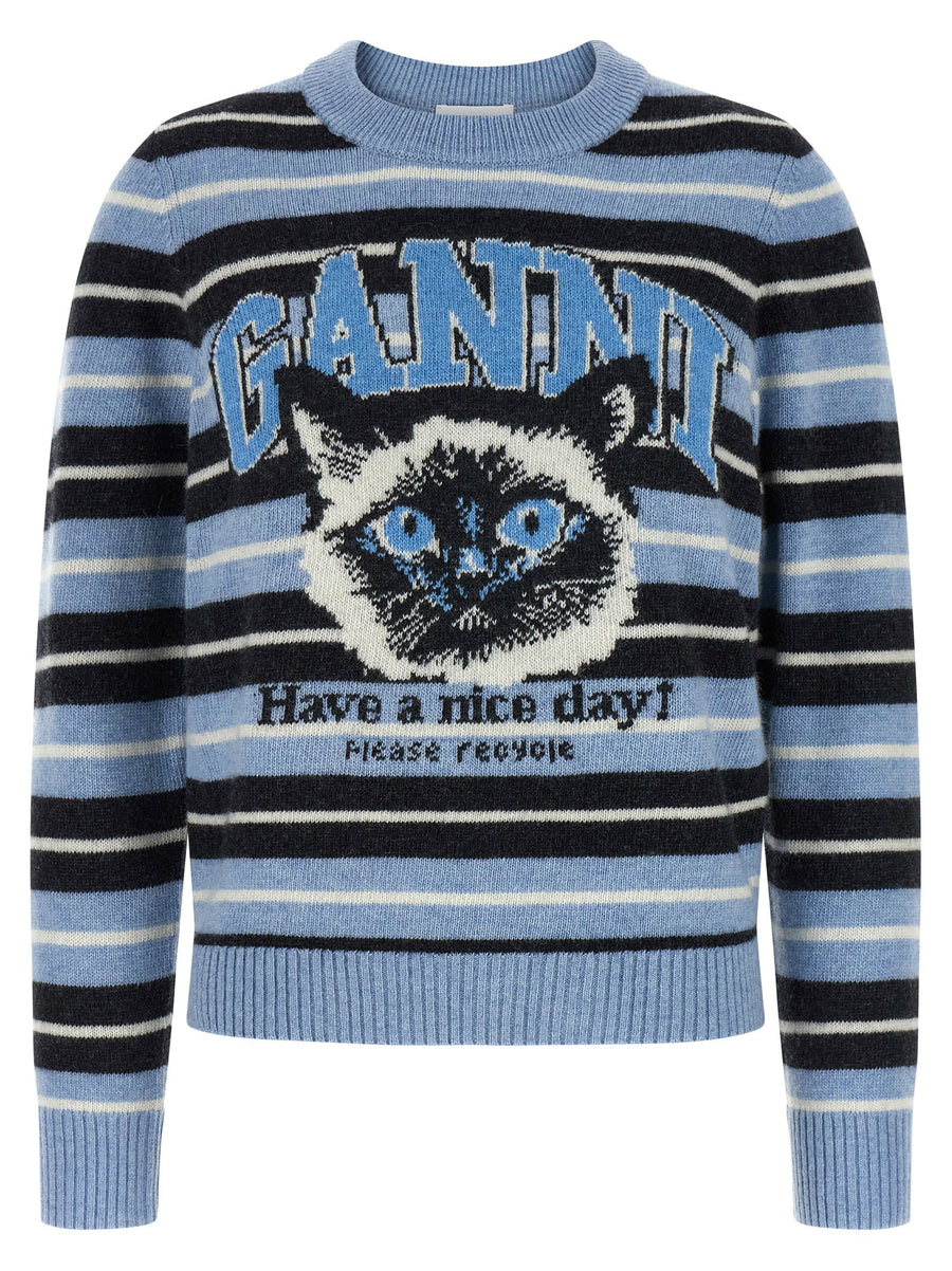 Ganni Graphic Wool Striped Sweater — Blue