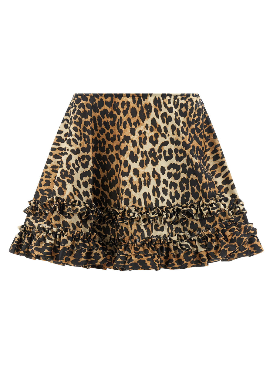 Ganni Leopard Duchesse Nylon Skirt — brown