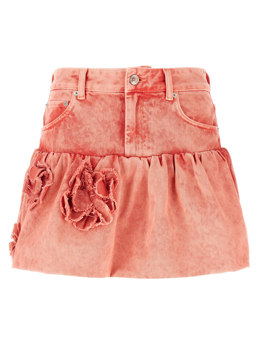 Ganni Stone-Washed Denim with 3D Floral Appliqué Skirt — Coral