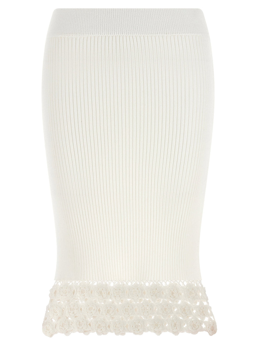 Ganni Ribbed Cotton with Crochet Hem Skirt — White