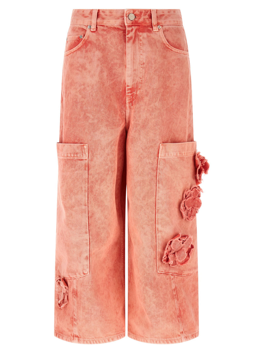 Ganni Stone-Washed Denim Cargo Cargo Shorts — coral