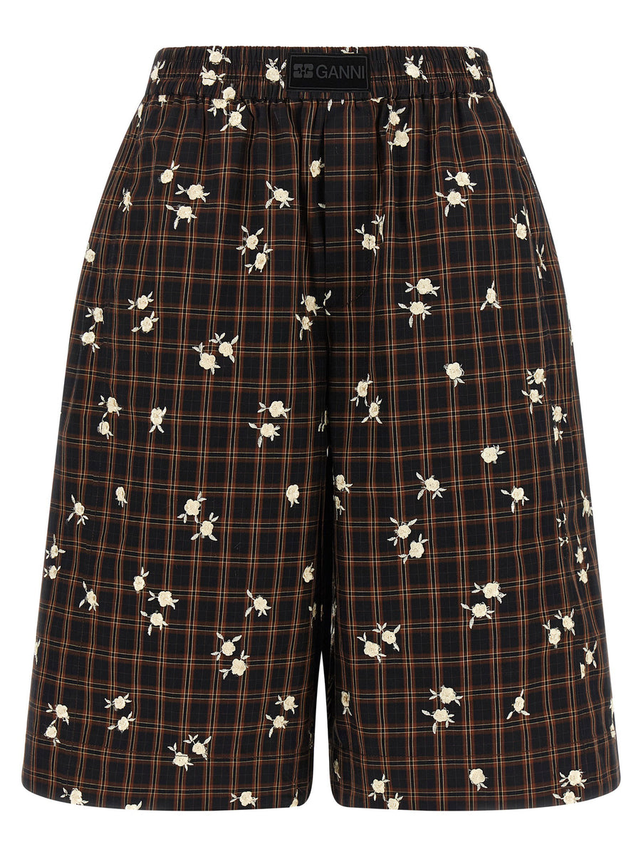 Ganni Check Floral-Embroidered Cotton Bermudas — Black
