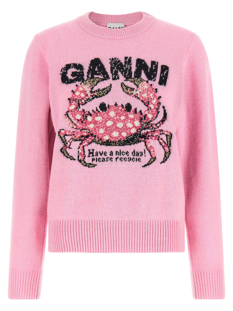 Ganni Intarsia Crab-Knit Sweater — Pink