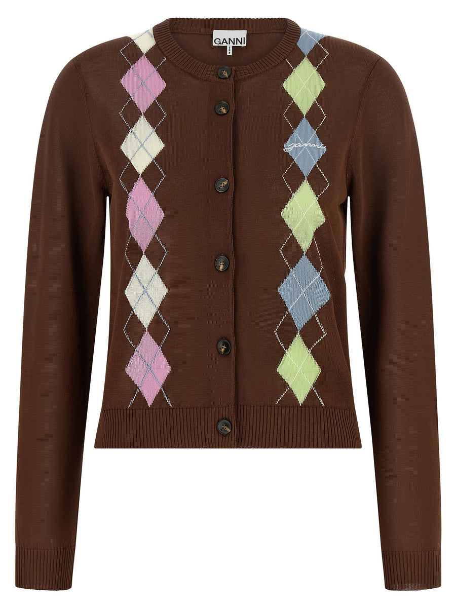Ganni Argyle Intarsia Cardigan — Brown