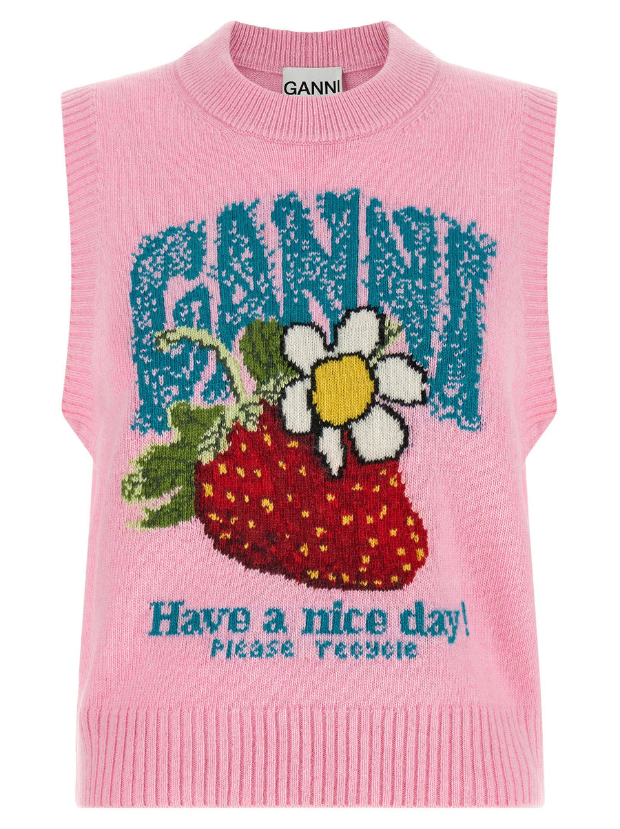 Ganni Intarsia Strawberry & Daisy Tank Top — Pink