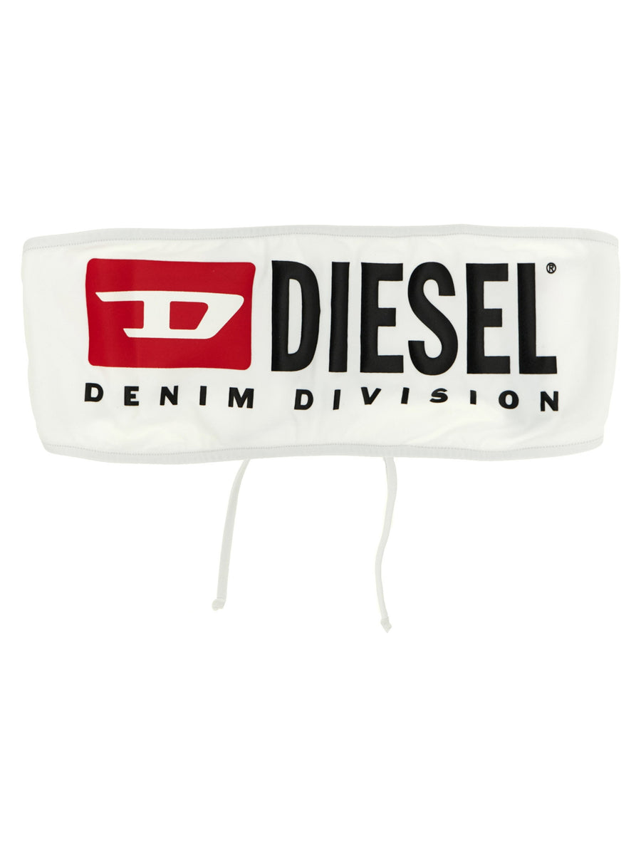 Diesel Logo-Print Stretch Nylon Bikini Top — White
