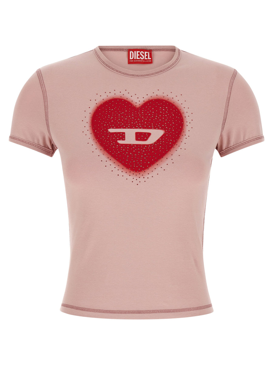 Diesel Rhinestone-Embellished Heart Logo T-shirt — Pink