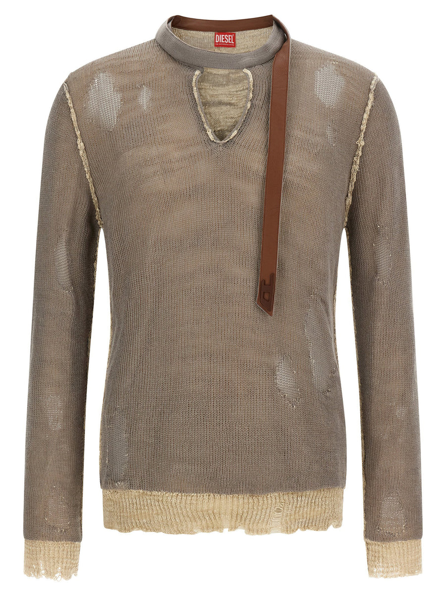 Diesel Distressed Linen-Blend Jacquard Sweater — Taupe