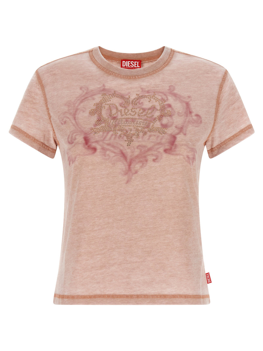 Diesel Rhinestone-Embellished Burnout Jersey T-shirt — Pink