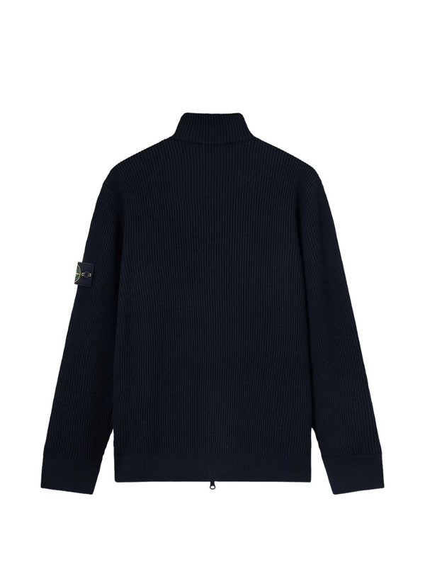Cardigan Ribbed Knit Blue Virgin Wool Cardigans