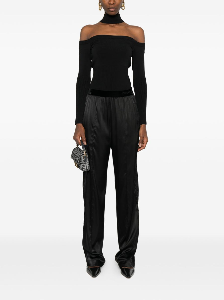 Trousers With Velvet Waistband - Black