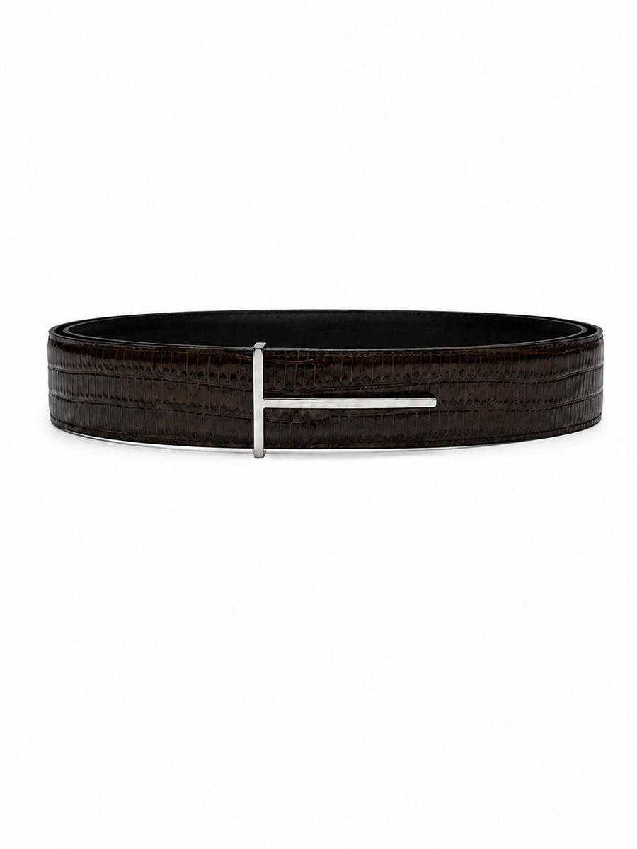 Reversible Leather Belt With T-Buckle Brown Calfskin