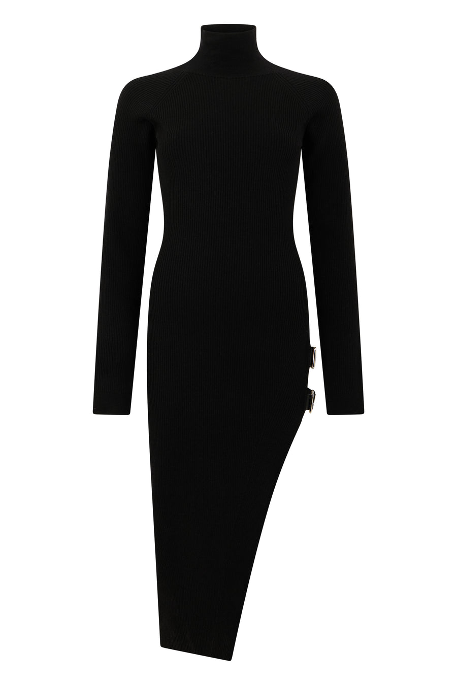 Midi Knit Dress With Buckles Black Virgin Wool