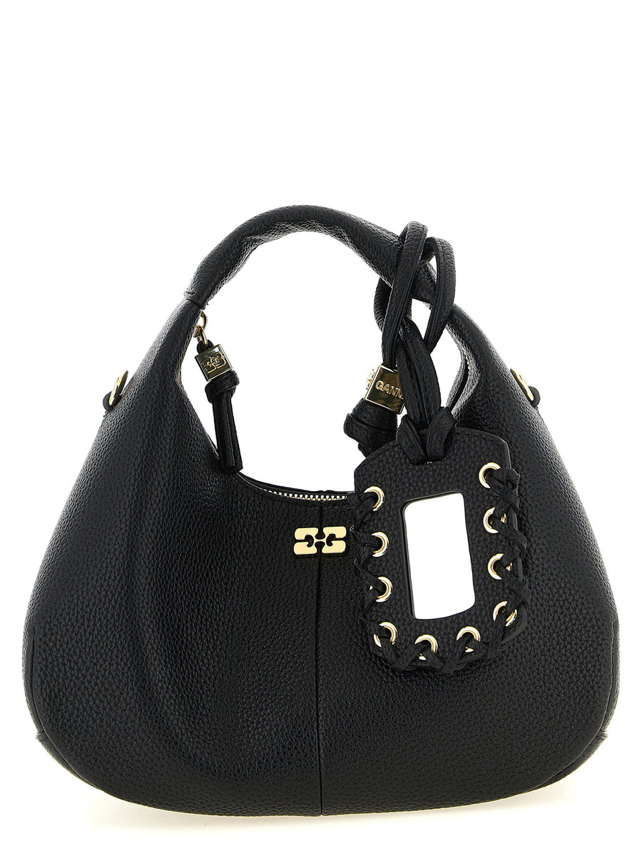 Ganni Textured Faux Leather with Butterfly Logo Mini Hobo Bag — Black