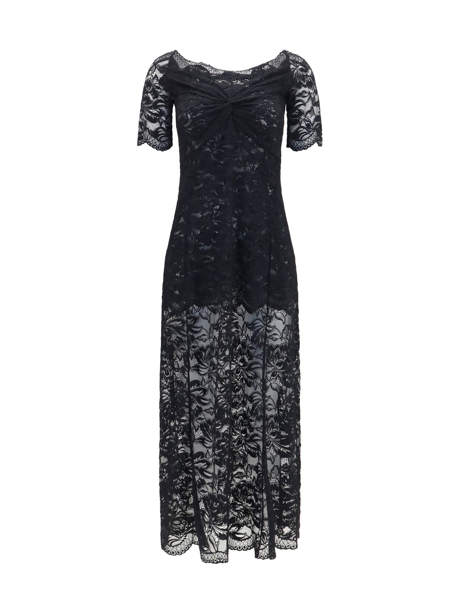 Floral Lace Long Dress Black Polyamide; Elastane
