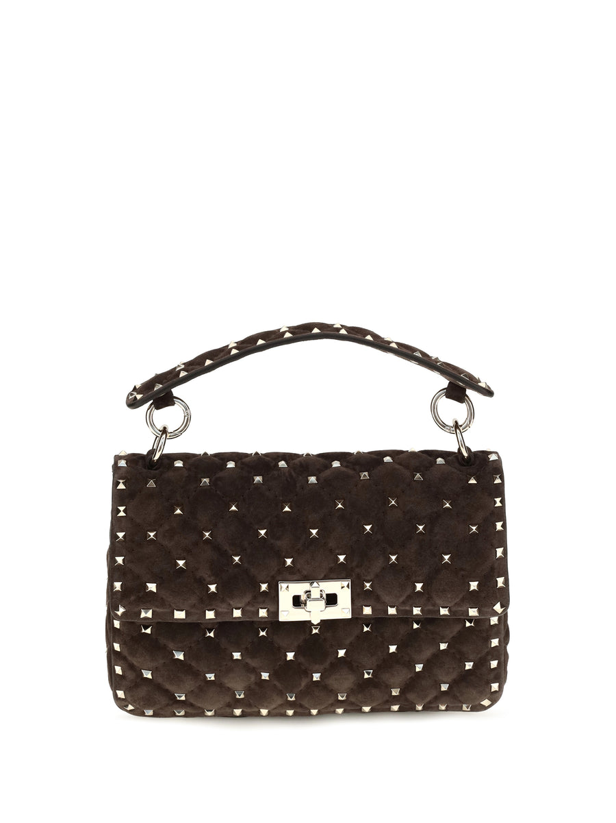Medium Rockstud Spike Suede Top Handle Bag Ebony Brown Calf Leather Bos Taurus Shoulder